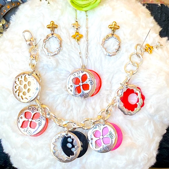 Brighton MEADOW GARDEN Pink orange Red Necklace Charm Bracelet earrings RARE